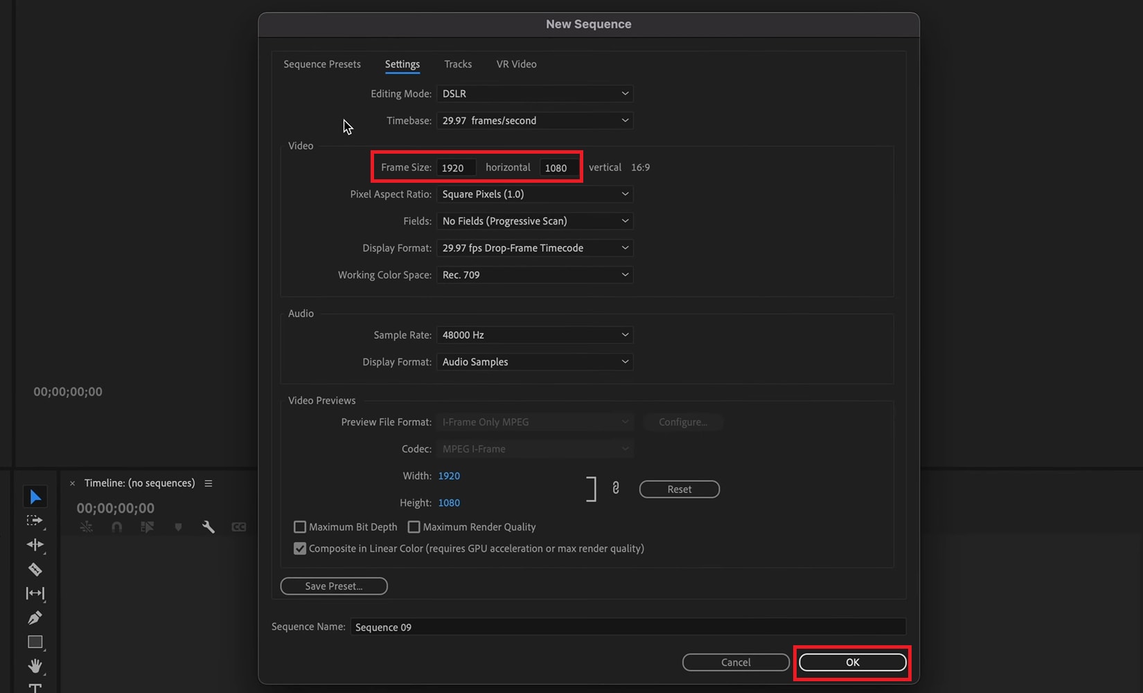 enter the frame size manually