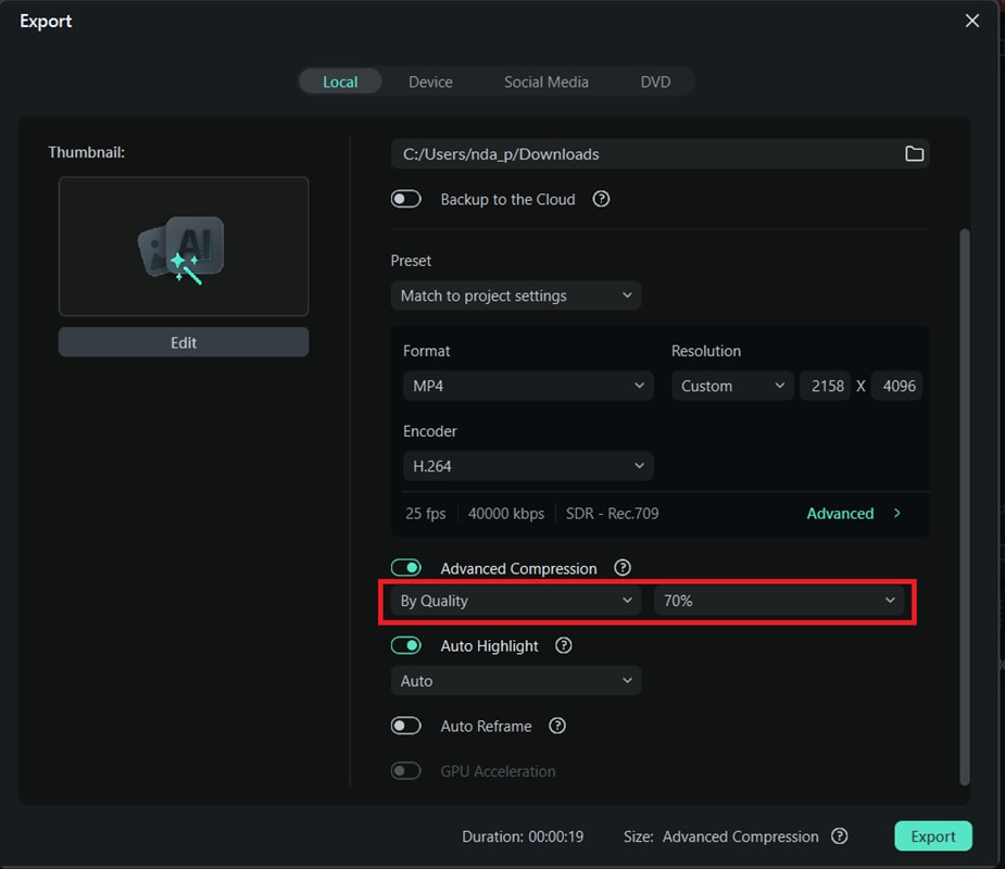 set by quality and compression percentage