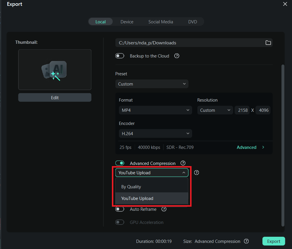 choose youtube upload setting if needed