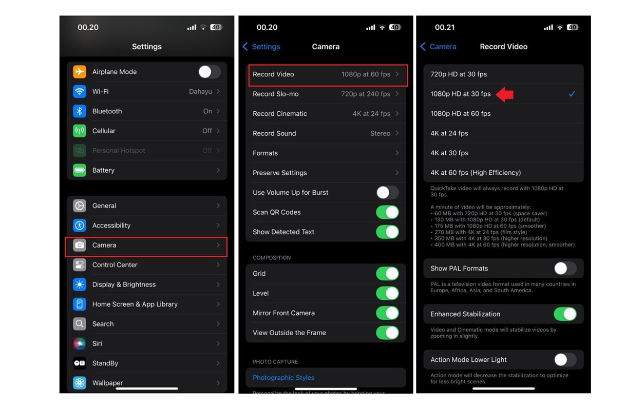 adjust camera settings on iphone