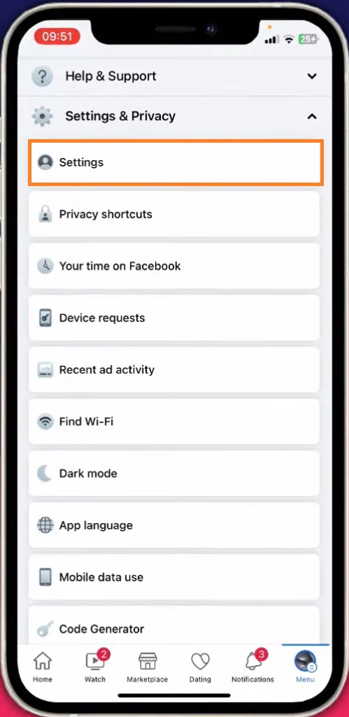 open settings on facebook