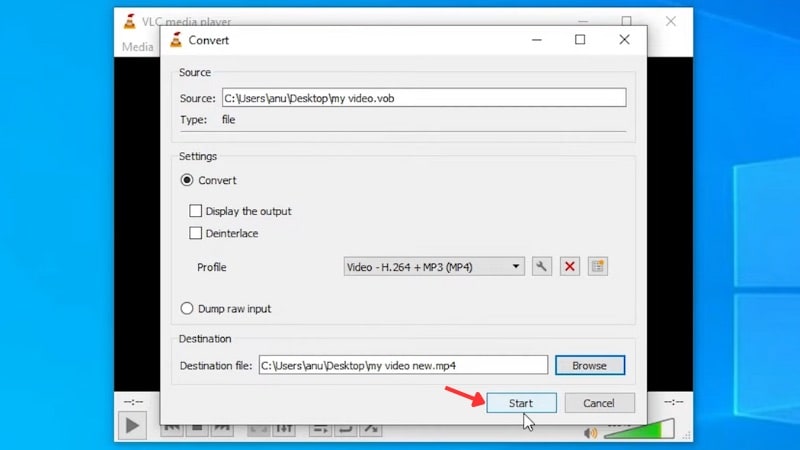 start converting the vob file to mp4