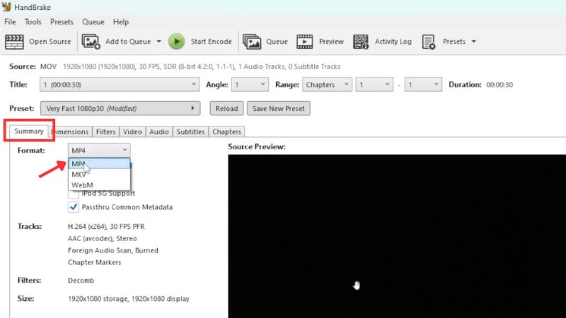 choose mp4 format in handbrake