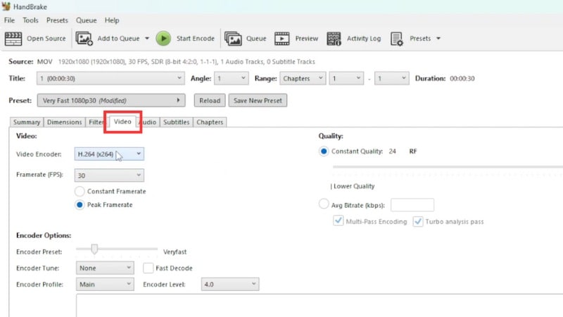 adjust video codec and quality in handbrake