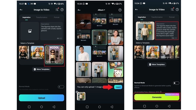 import photo in the selected template