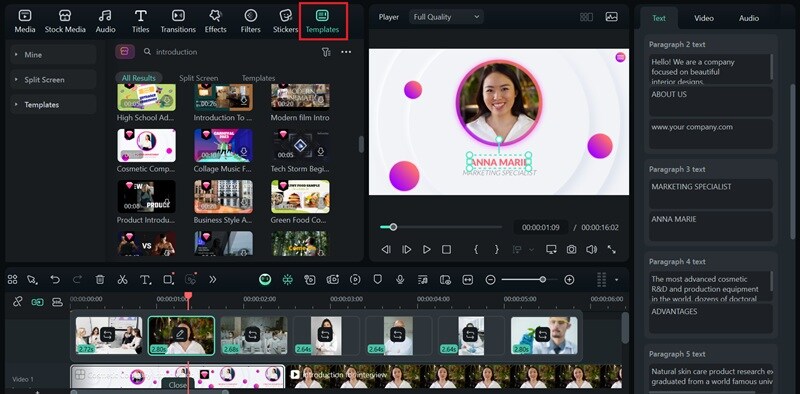 choose professional template from filmora
