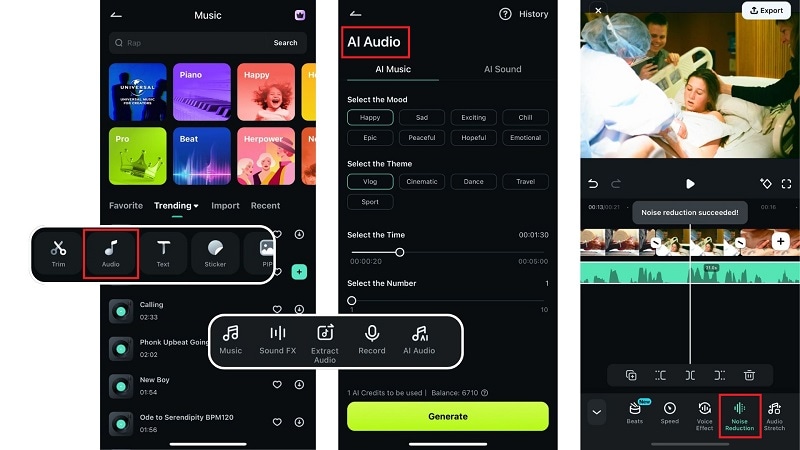 add music and denoise in filmora