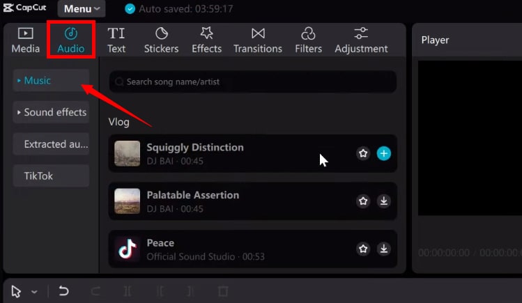 click audio and select music