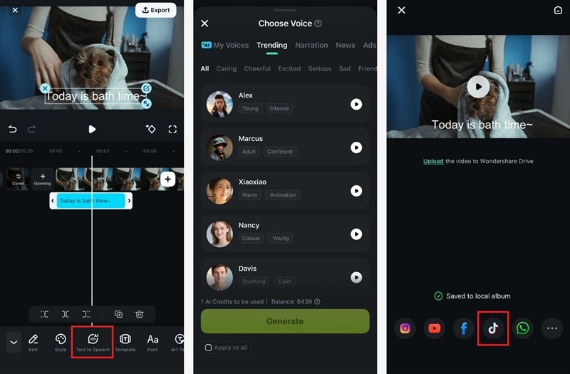 select voice and export to tiktok
