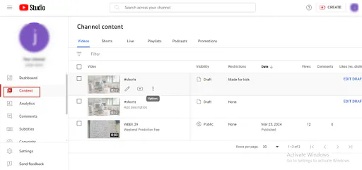 sezione contenuti di youtube studio