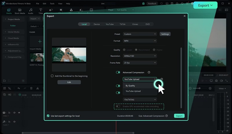 activate advanced compression in filmora