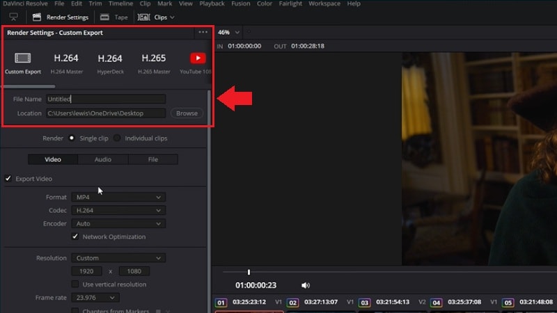 select preset or custom export settings