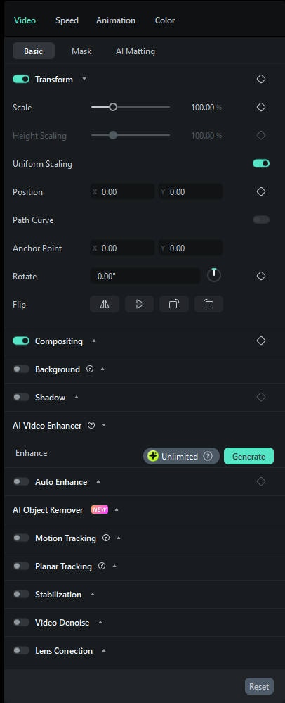 Paramètres de retournement dans Filmora