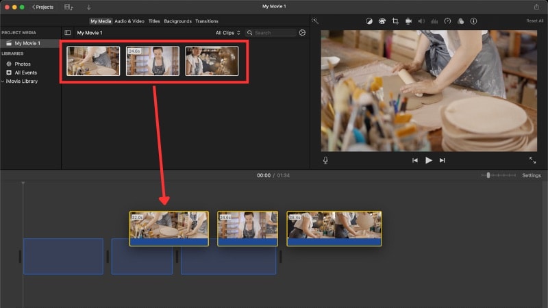 drag all clips into imovie timeline