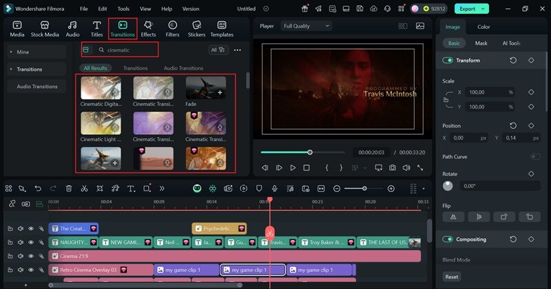 add cinematic transitions from library