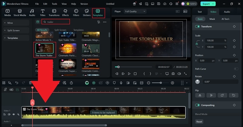 use game trailer template in filmora