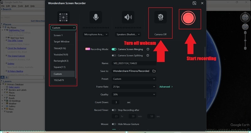adjust settings and start recording