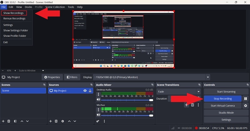 stop recording and open the result