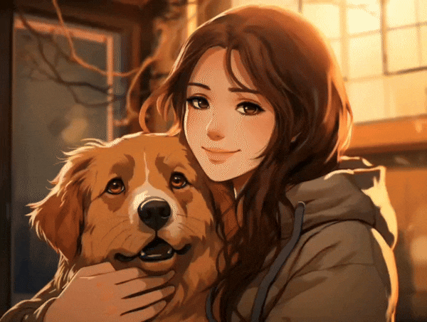 anime character hugs dog