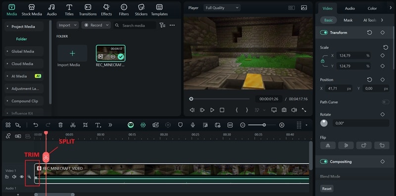trim minecraft video on filmora