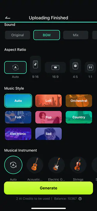 filmora aspect ratio and music selection