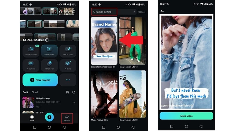 select ad template on filmora mobile
