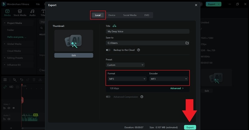 export your deeper voice as mp3