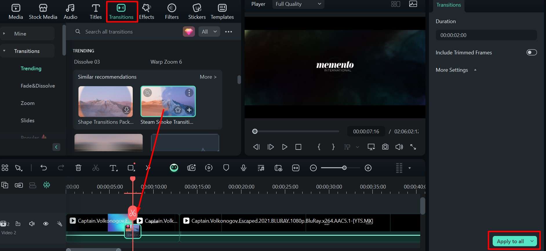 filmora adding a transition