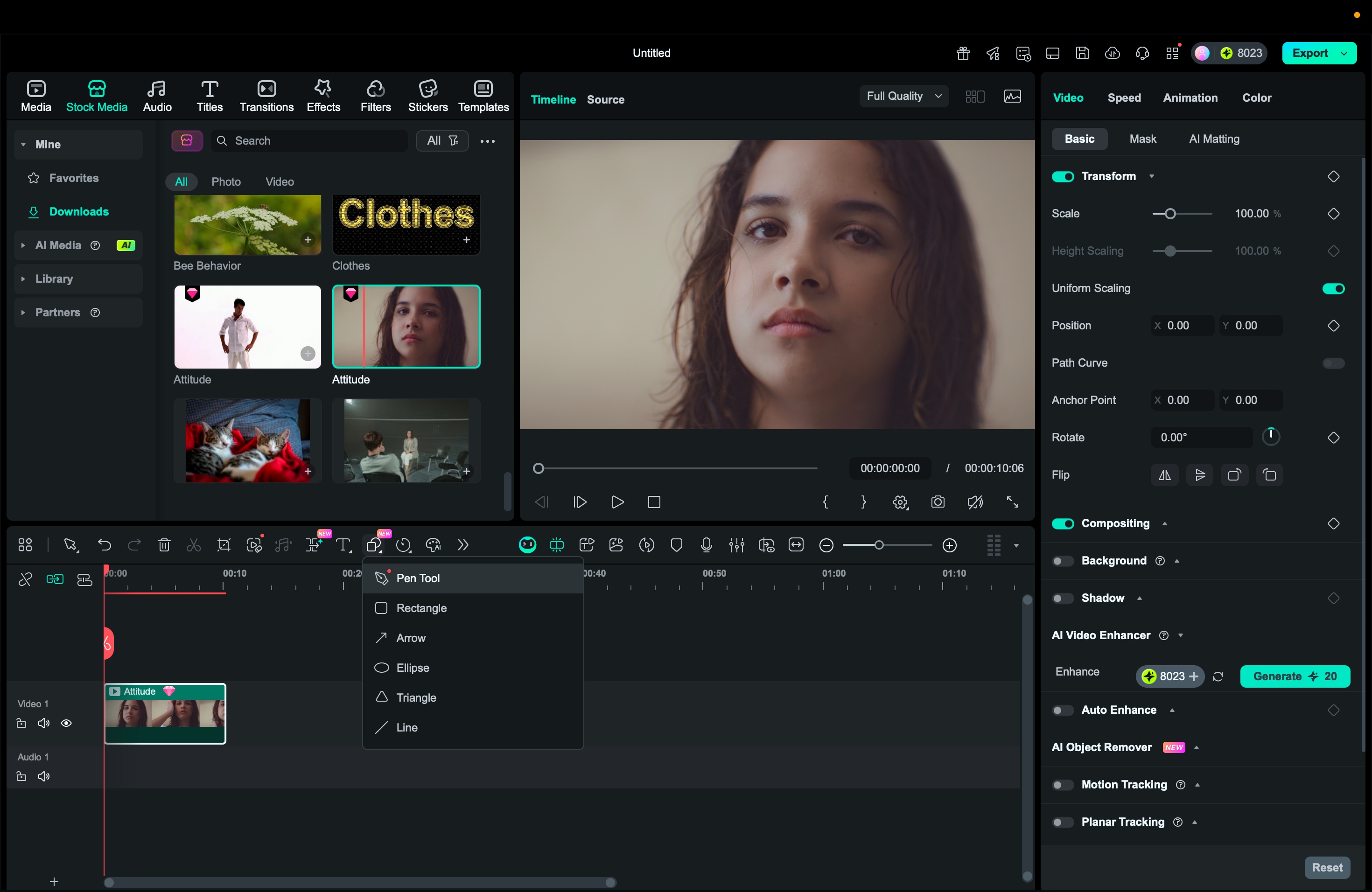 select pen tool in filmora