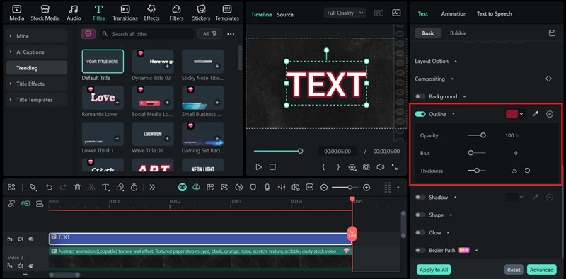 add outline text in filmora