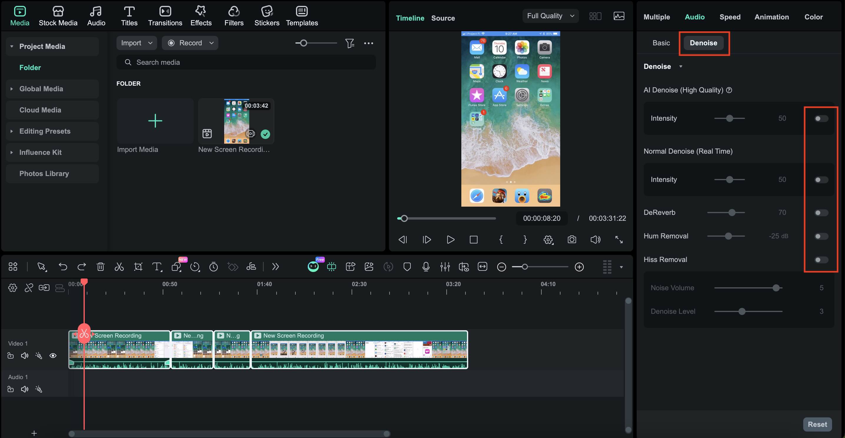 apply denoise to the audio