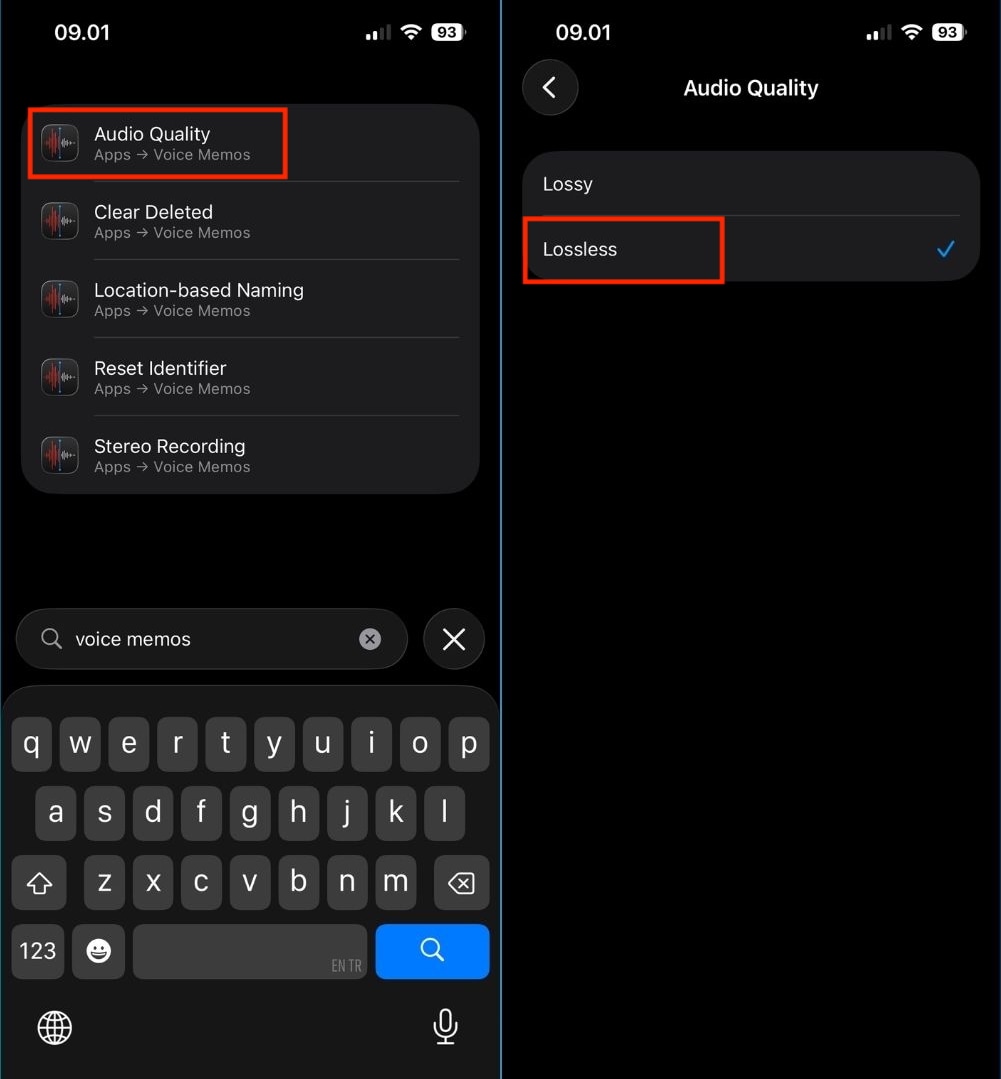 lossless settings voice memos