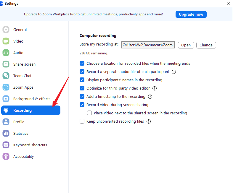 zoom screen Recording Settings