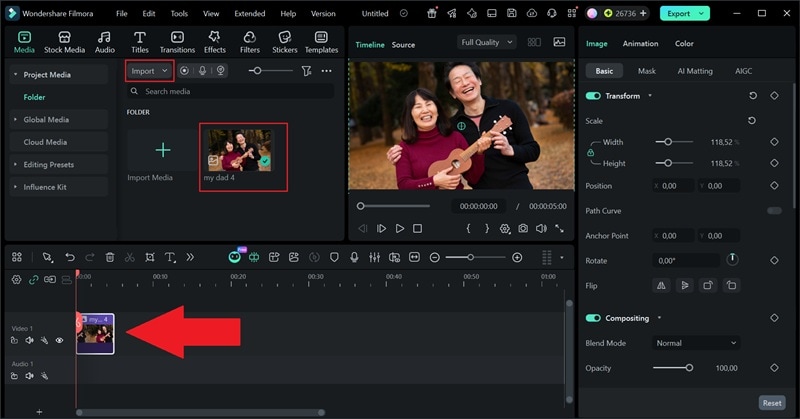 upload your photo to filmora timeline