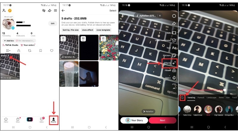 how to remove filter from tiktok draft