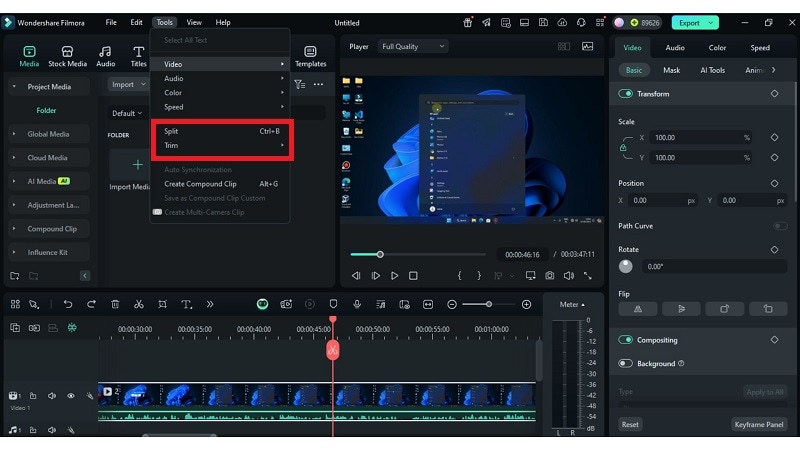 split or trim the media file