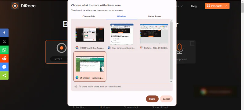 choose to record the screen area online