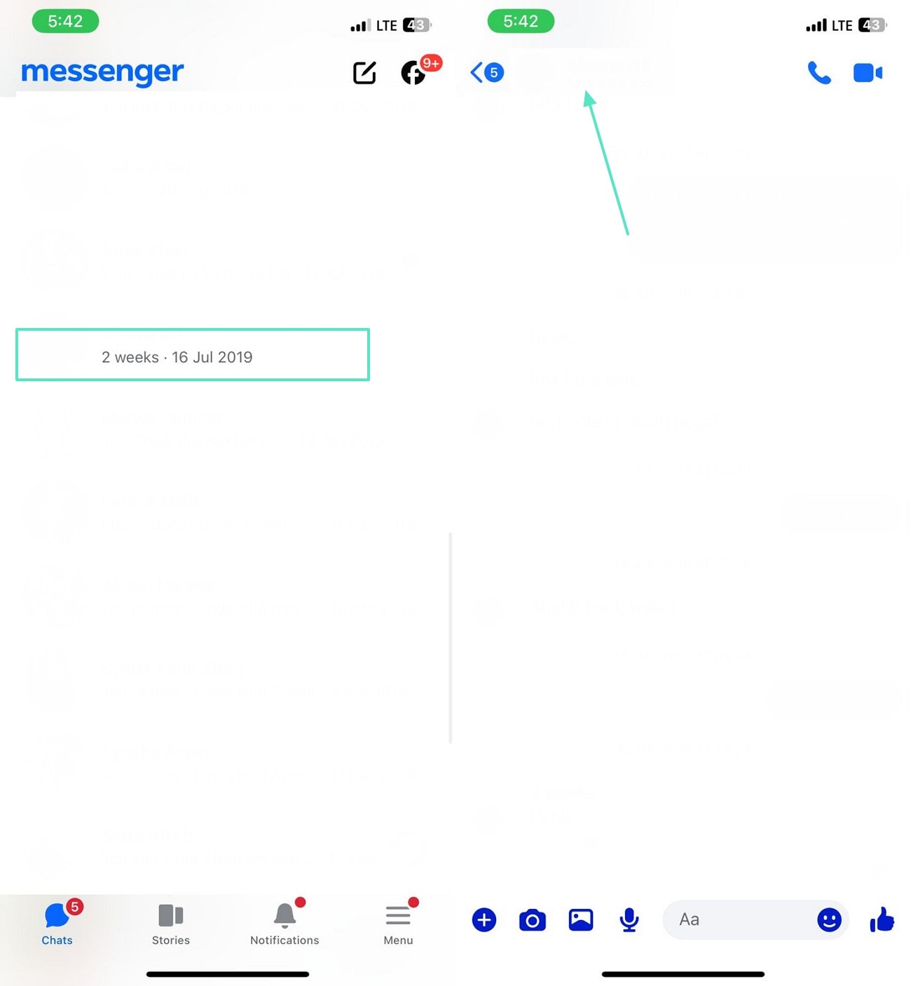 Step 1 on mobile: Scrolling to locate and tap a desired chat in Messenger to view old pictures