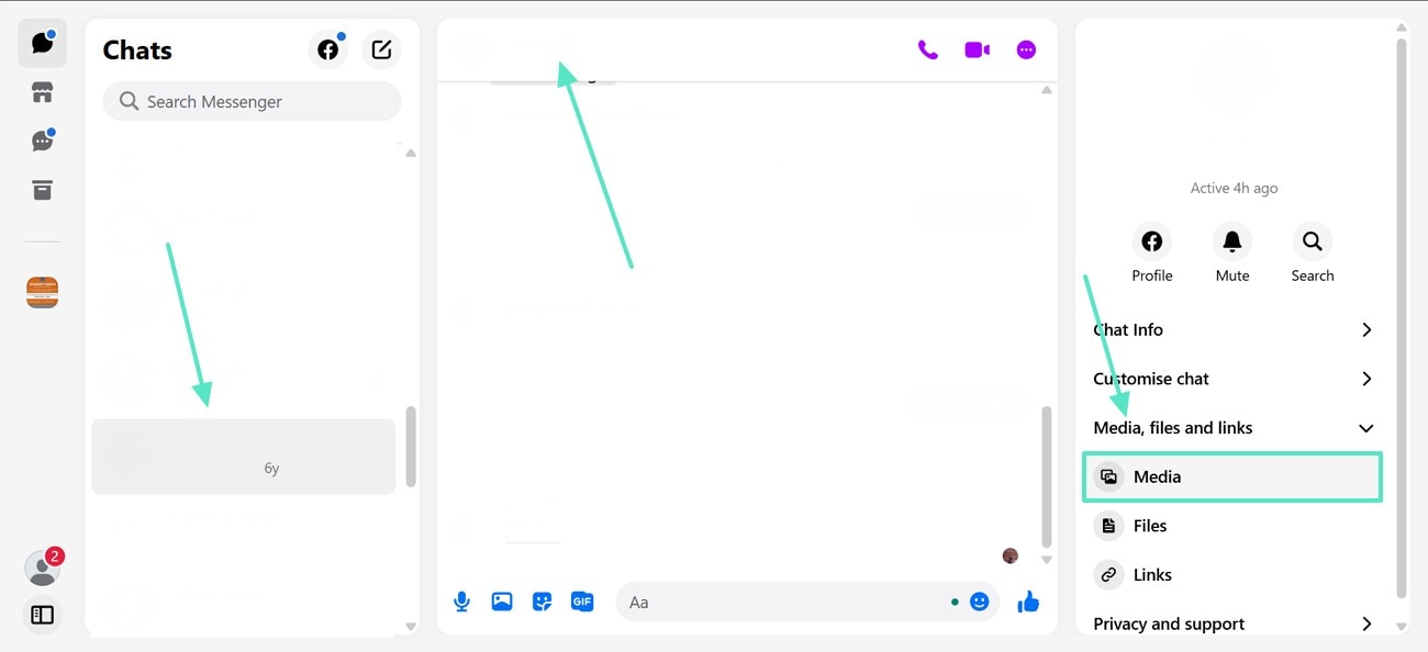 Step 1 on desktop: Clicking a Messenger chat and selecting 'Media, Files and Links' to view shared media
