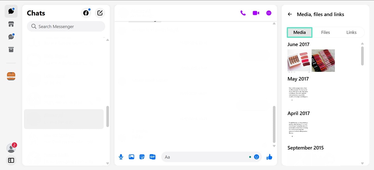 Step 2 on desktop: Navigating to the 'Media' tab on the right side of the screen to access all shared photos in Messenger