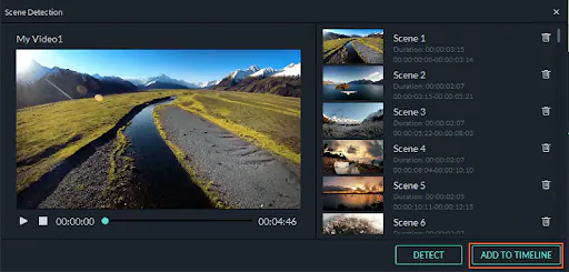 filmora editor scene detection splitting add to timeline