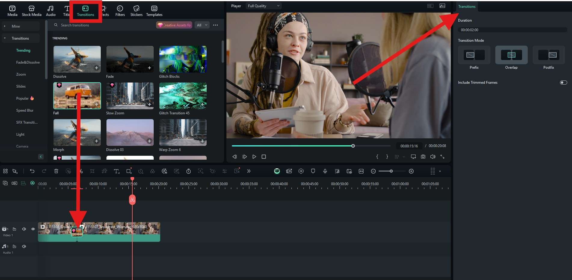 add transitions between clips using filmora