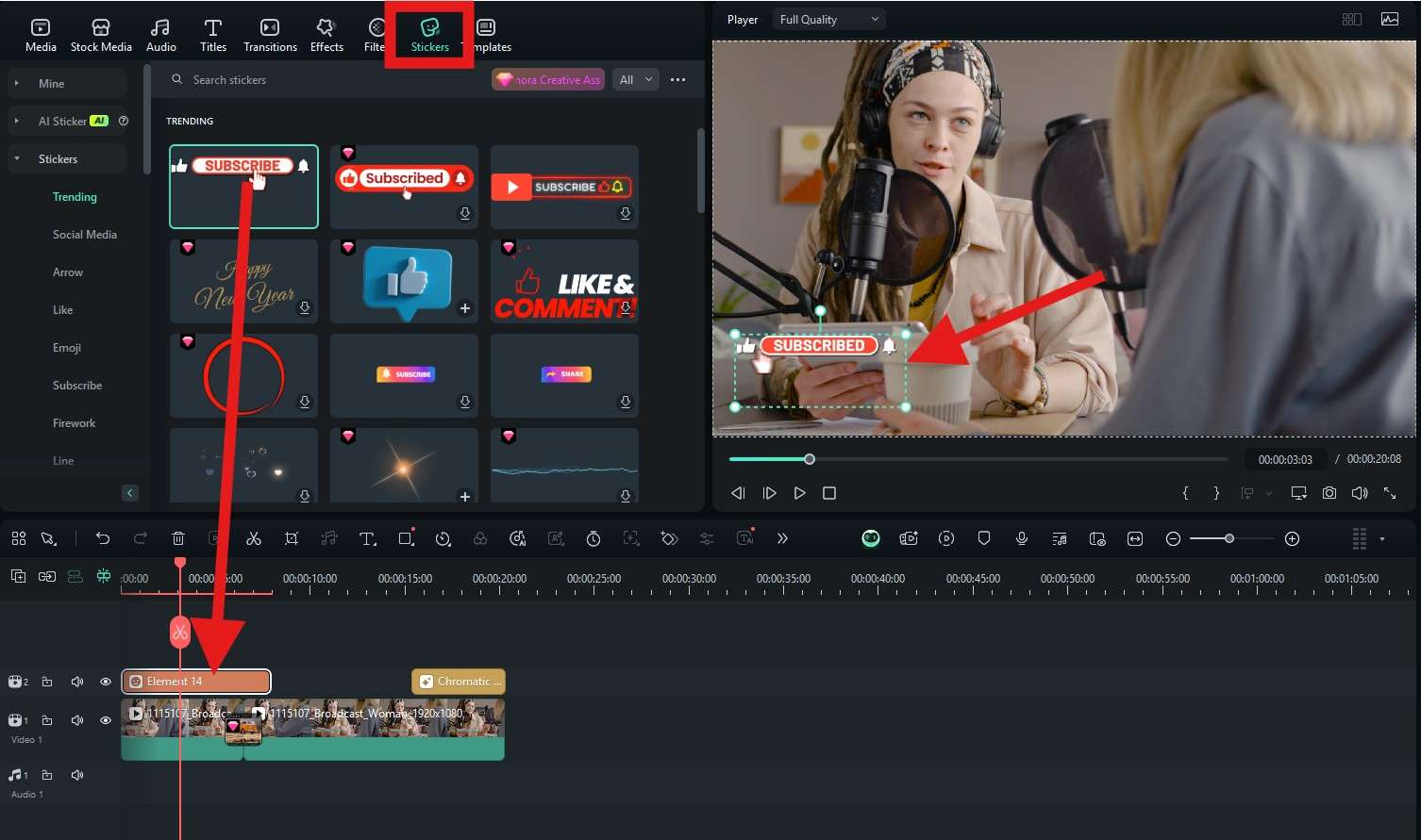 add stickers to podcast videos filmora