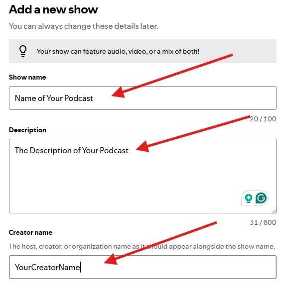 enter important podcast details on spotify