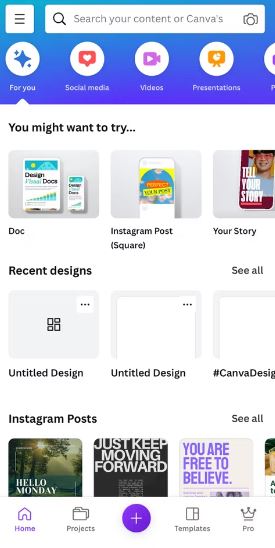 canva mobile app main page