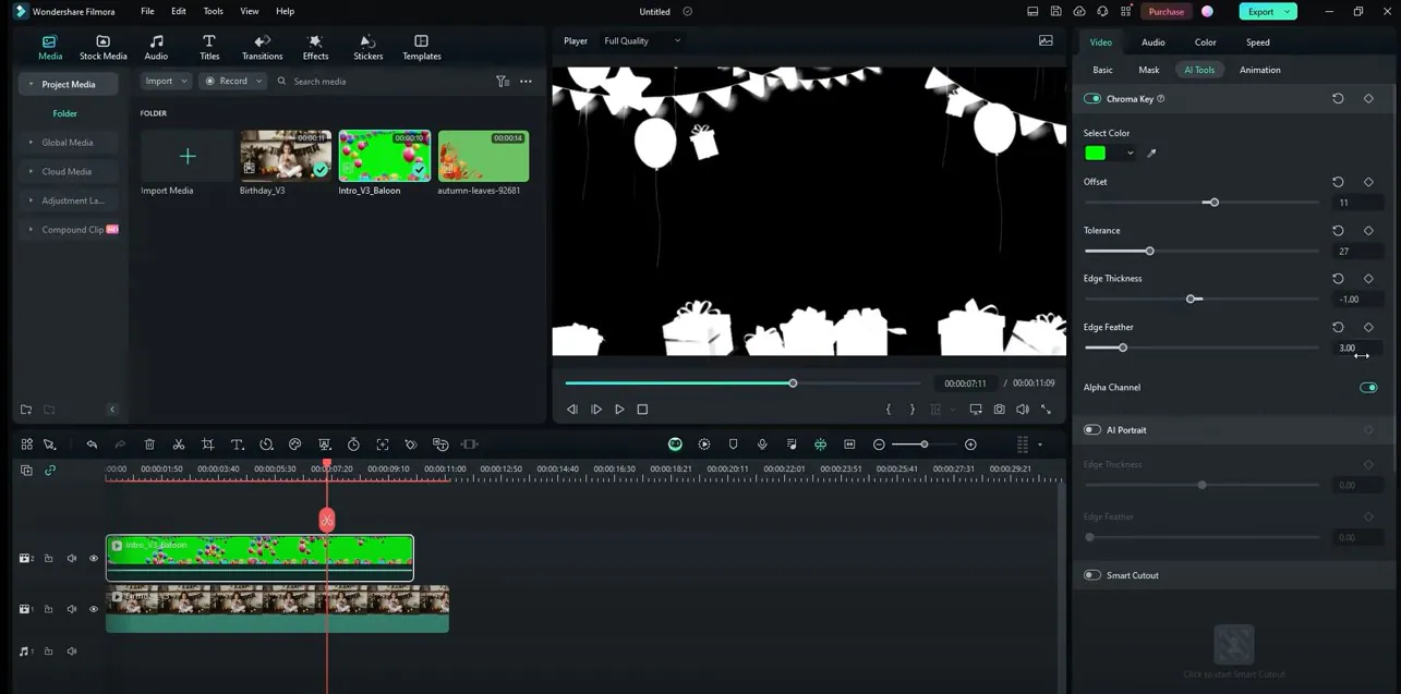 adjust green screen settings in Filmora