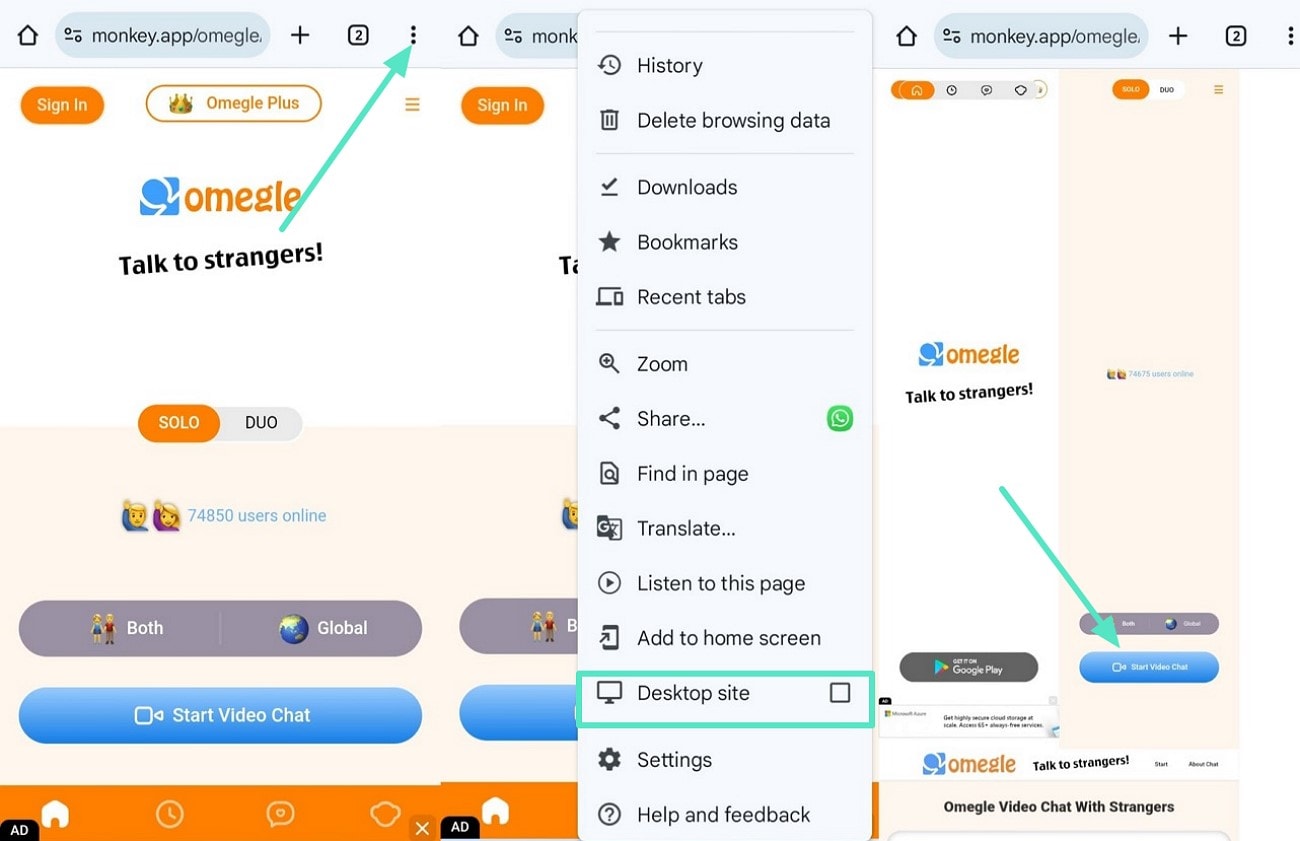 open omegle desktop on android