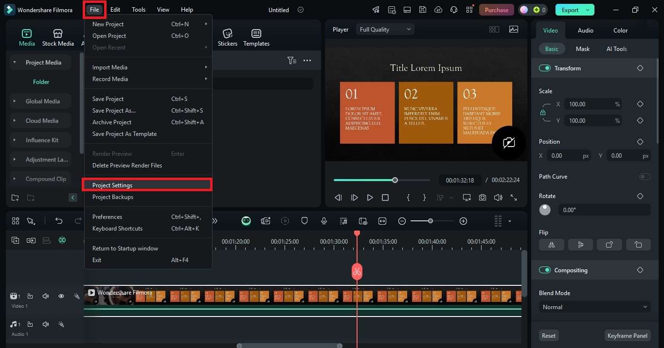 filmora open project settings