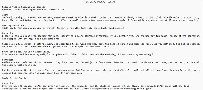 example of true crime podcast script