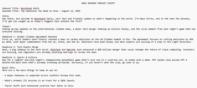 example of news roundup podcast script